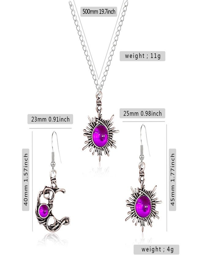 Anmpab Boho Opal Sun and Moon Drop Dangle Earrings Necklace Set Moonstone Natural Stone Hook Bohemian for Women Asymmetrical Antiqued Silver Celestial Jewelry (Violet) - Image 5